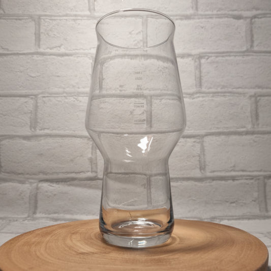 Personalised 38cl Craftmaster craft beer glass with custom printed design in use — tulip shape with pinched waist showing print quality and glass size
