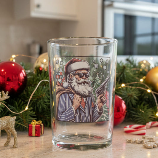 Holly Heist Cheer: Limited Edition Xmas Glass with Gangster Santa, Pinstripes, and Holiday Heat First Glass Designs