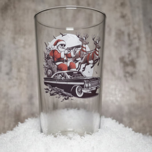 Santa's Sleigh Drive-By: Edgy Christmas Pint Conical Glass for a Holiday Twist FirstGlassDesigns
