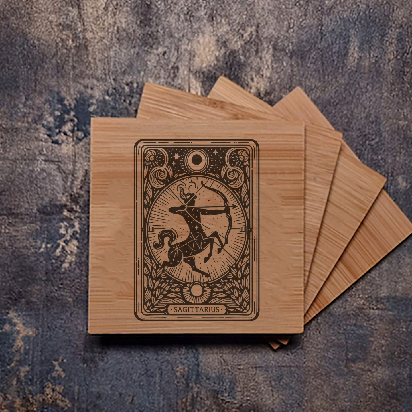 Bamboo coaster engraved with Sagittarius archer symbol and constellation, perfect horoscope gift.