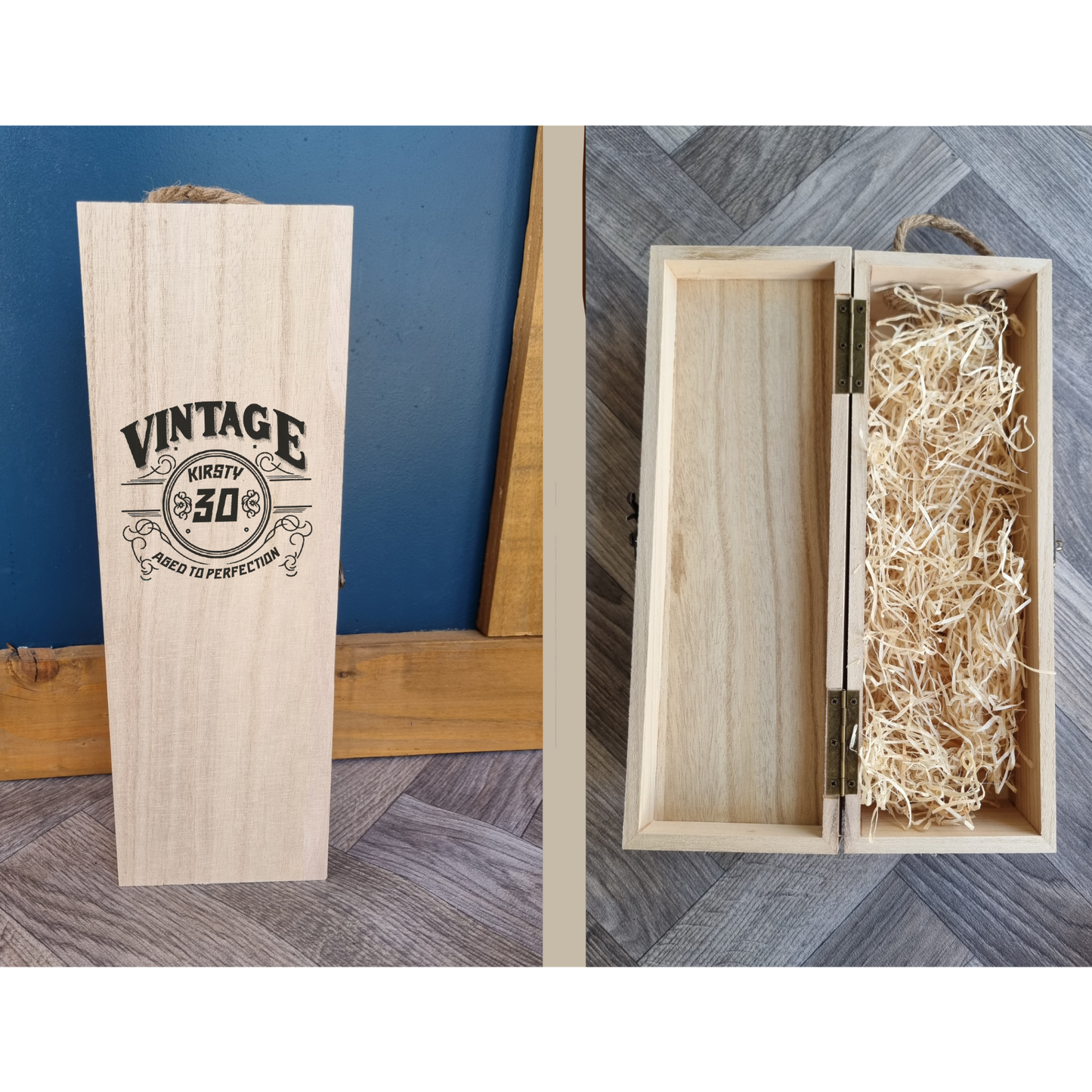 Custom engraved wooden wine gift box with sliding lid, personalised keepsake wine presentation case