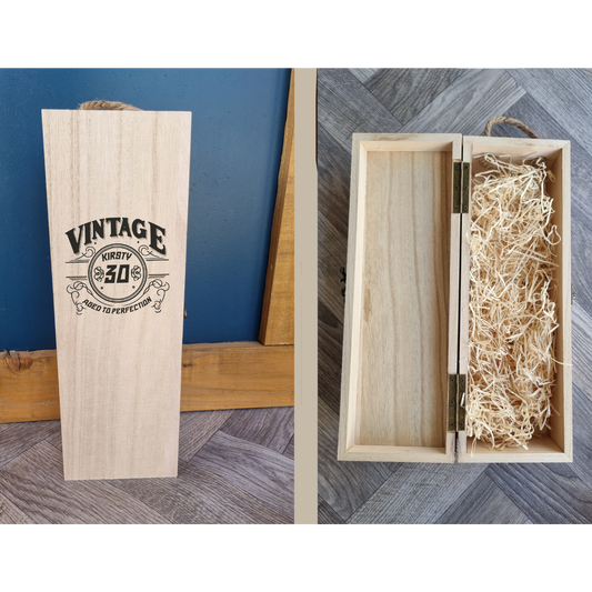 Custom engraved wooden wine gift box with sliding lid, personalised keepsake wine presentation case