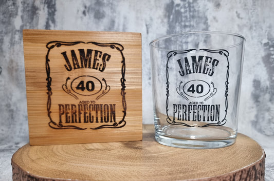 Personalised Whiskey Glass For Birthday Gift, Jack Daniels Inspired, Bourbon Whiskey Glass and Coaster, Add Your Own Message, Retirement Gift 18th 21st 30th 40th 50th 60th 70th