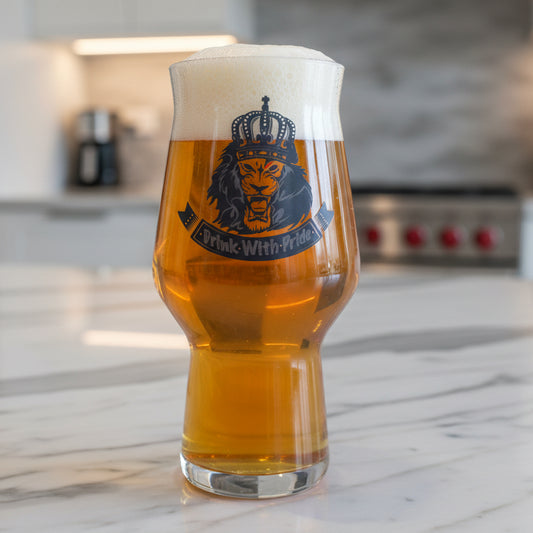 Lion's Pride Drink with Pride personalised Craftmaster beer glass — bold lion design printed on uniquely moulded craft beer glass by First Glass Designs UK