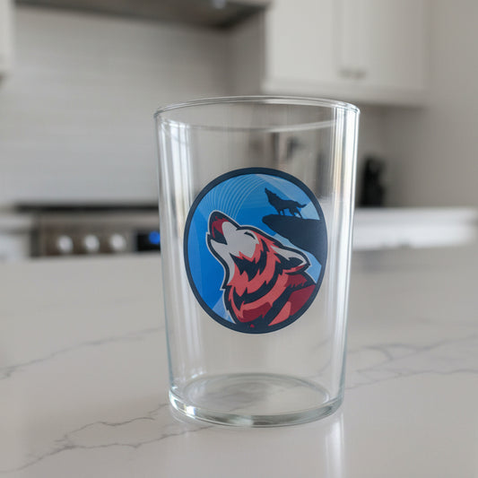 Personalised Howling Wolf beer glass in large and small sizes — unique wolf lover gift printed in the UK by First Glass Designs