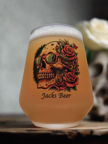 Sip in Style: Custom Beer Glass with Vibrant Skull and Roses Design