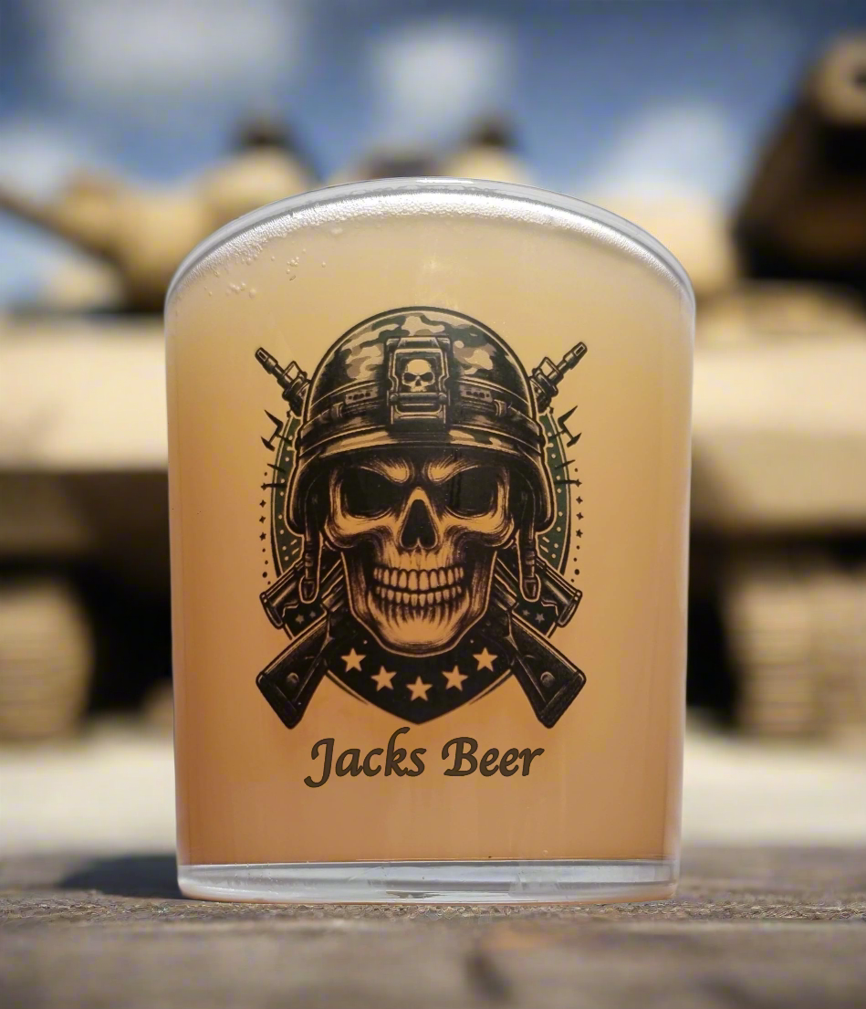 Guardian Valor: Personalised Tubo Glass with Skull, US Army Helmet, and Crossed Rifles Design