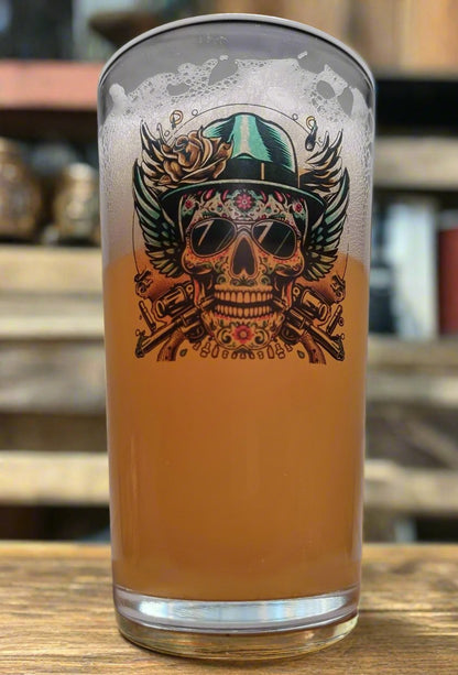 Rustler's Respite: Skull Cowboy Personalised 1 Pint Conical  Beer Glass