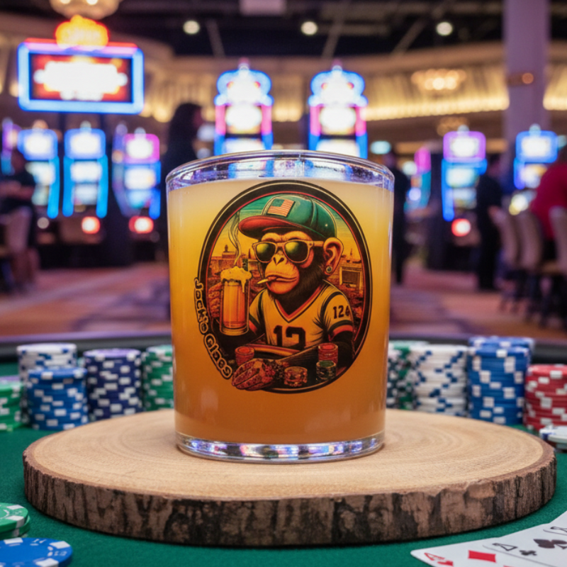 Vegas monkey personalised pint glass — illustrated monkey with beer against Las Vegas skyline, front view