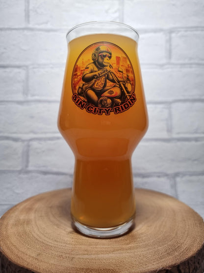Vegas Vibes: Monkey on a Harley Brewmaster Glass - Roll the Dice on Unique Beer Enjoyment!