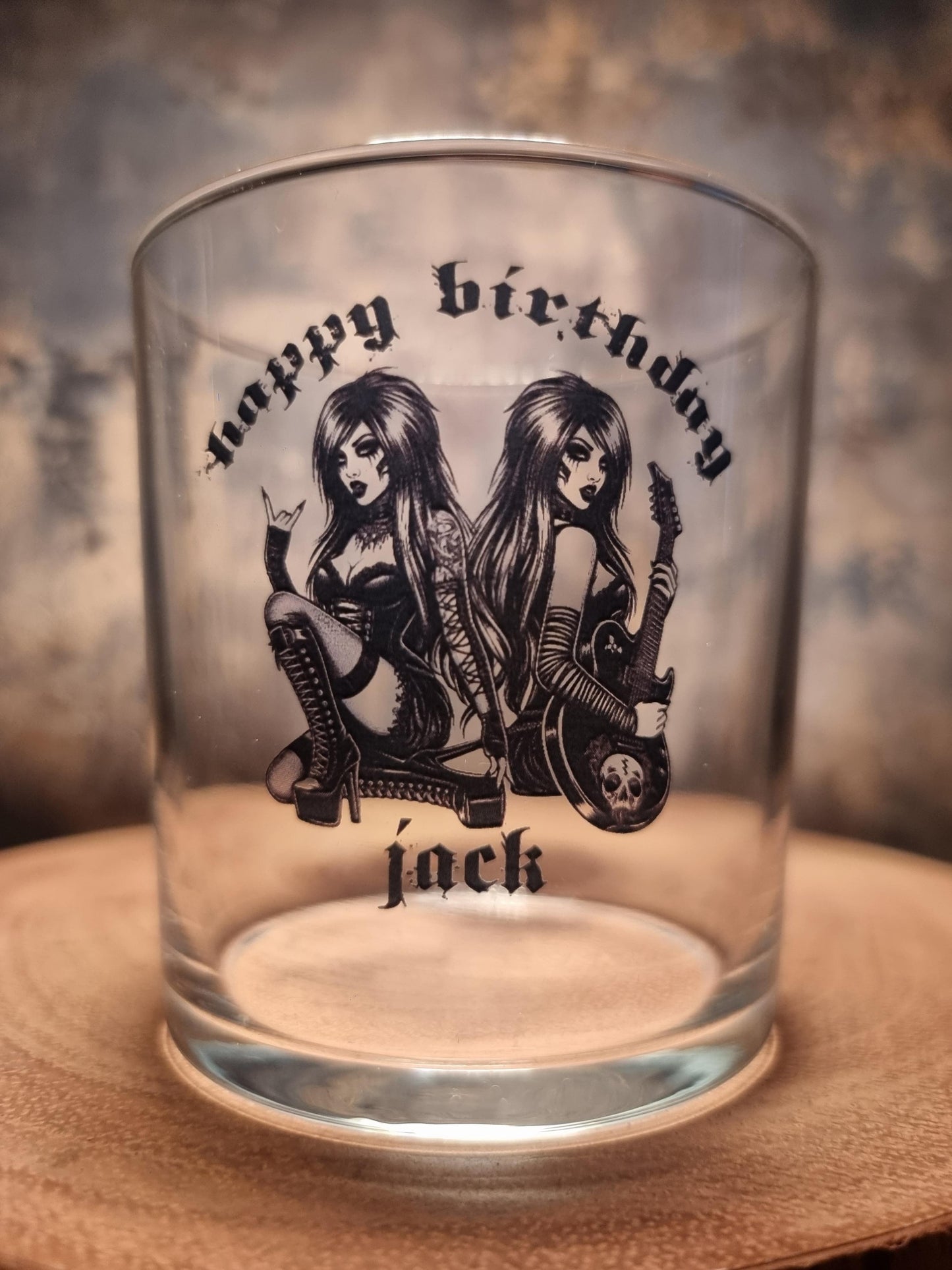 Gothic Mirror Guitar Girl Glass, Personalised Gift Idea For Goths, Whiskey, Cider, Beer Glass