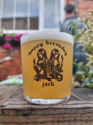 Gothic mirror guitar girl personalised whiskey cider beer glass with custom name gift idea
