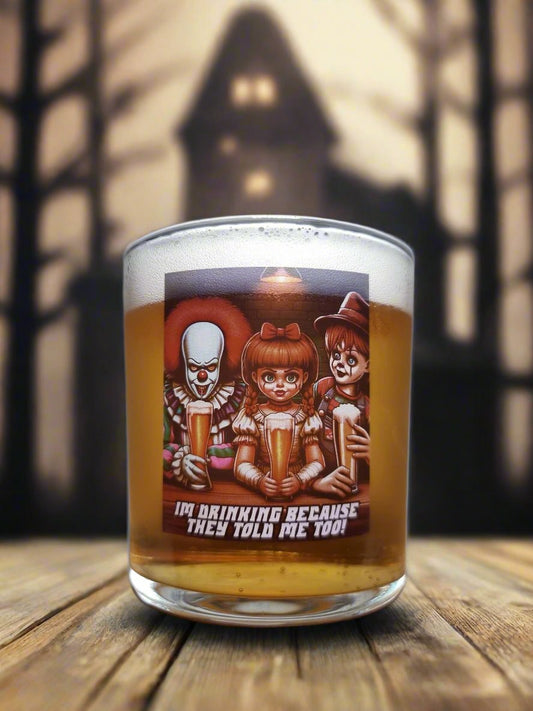 Halloween Party Horror Beer Glass – Custom Printed with Chucky, Pennywise, and Annabelle