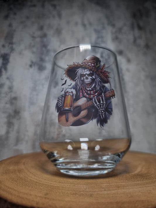 Spooky Skeleton Scarecrow Beer Glass – Halloween Horror Guitarist Design