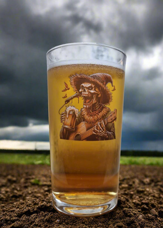 Skeleton Scarecrow Halloween Party Beer Glass – Custom Printed Horror-Themed Drinkware with Guitar Design