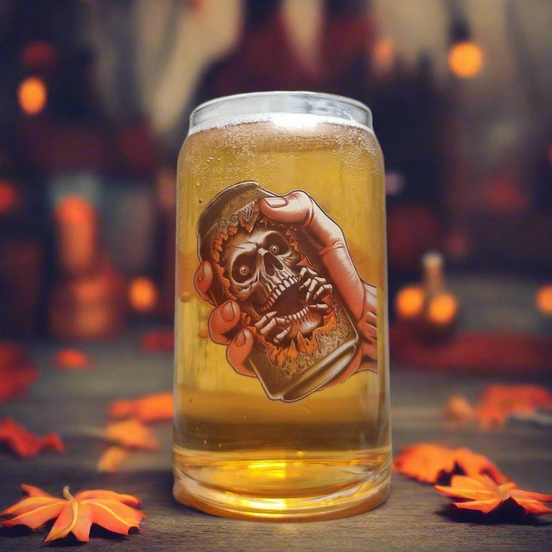 Halloween Party Can-Shaped Glass – Skull Breaking Out of Crushed Can Design FirstGlassDesigns