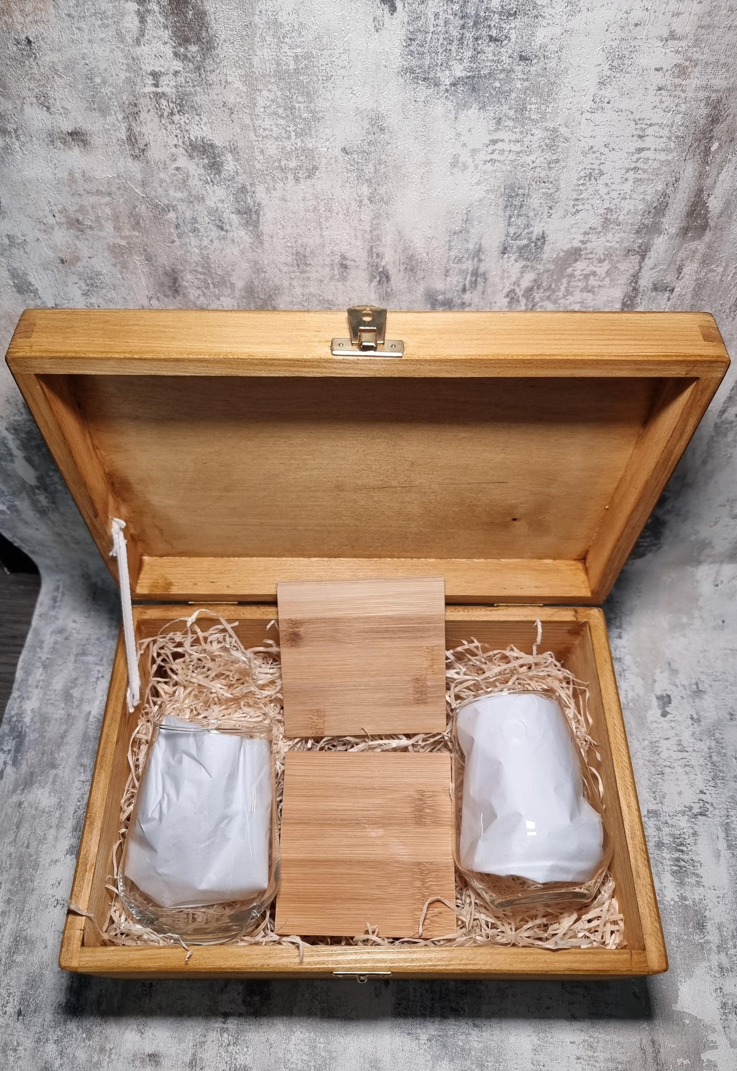 Personalised Wooden Gift Box with 2 Bamboo Coasters & Custom Glassware – Upload Your Own Design
