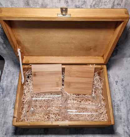Personalised Wooden Gift Box with 2 Bamboo Coasters & Custom Glassware – Upload Your Own Design