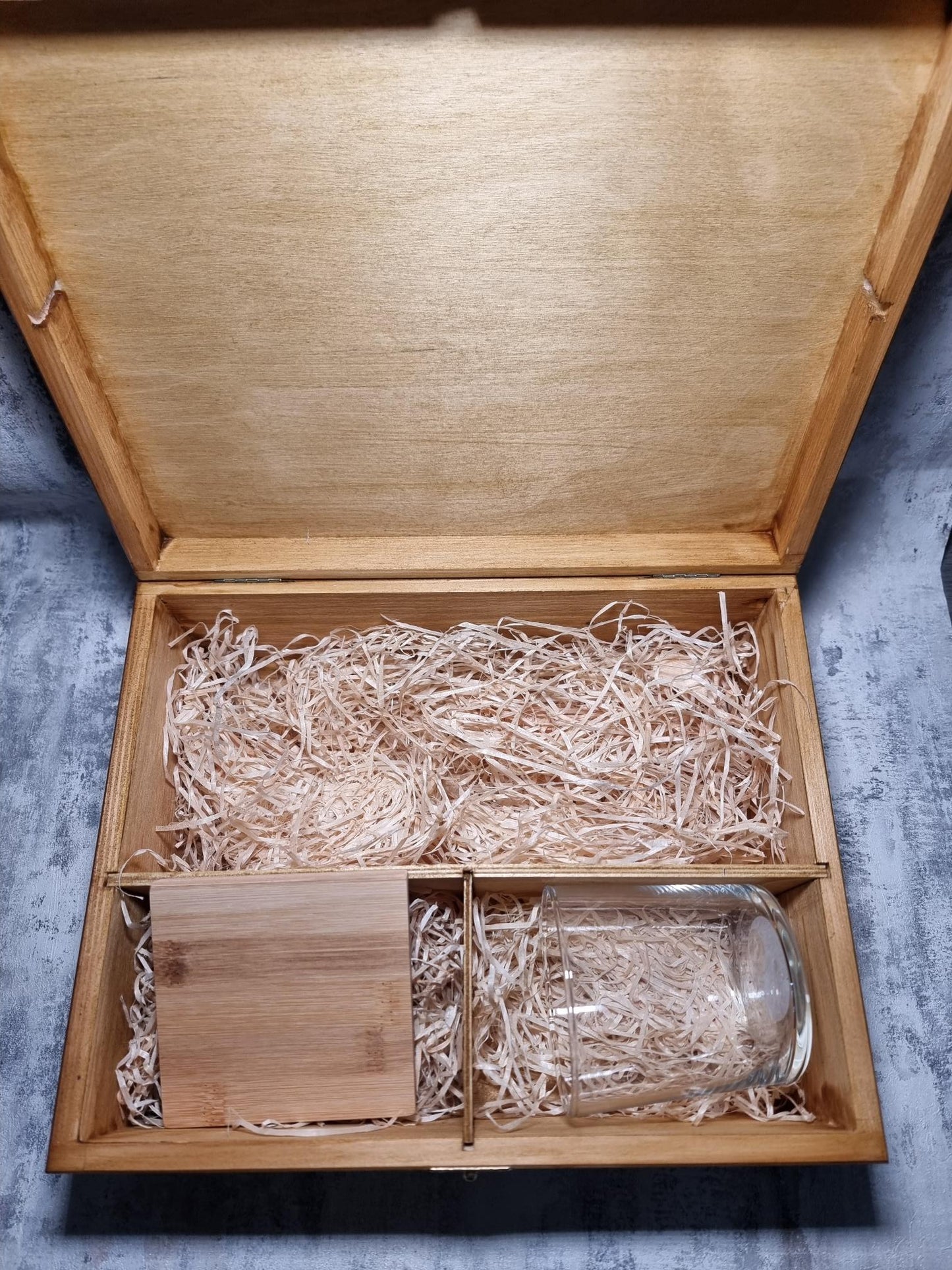 Personalised Wooden Gift Box with 2 Bamboo Coasters & Custom Glassware – Upload Your Own Design