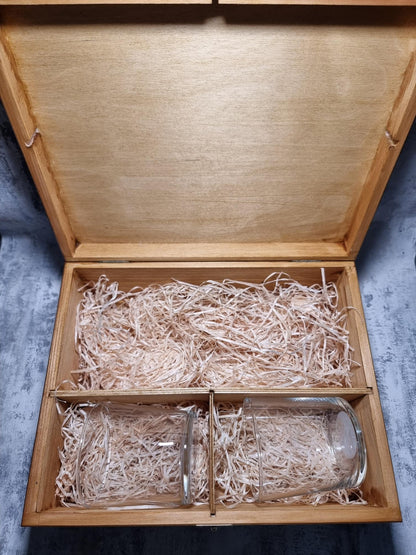 Personalised Wooden Gift Box with 2 Bamboo Coasters & Custom Glassware – Upload Your Own Design