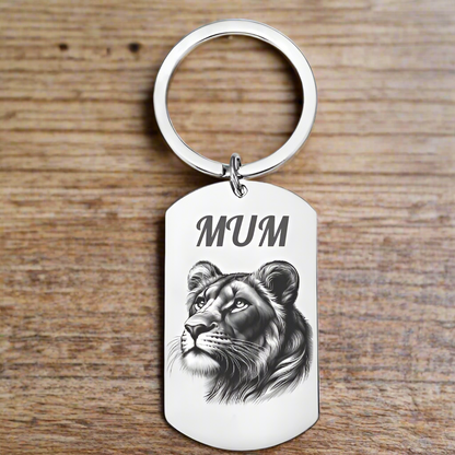 Personalised Engraved Lioness Keyring / Keychain– A Symbol of Strength for Mum