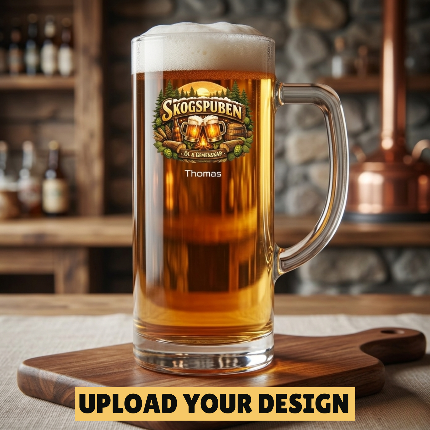 Personalised glass pint stein with handle printed with a custom craft beer logo design and personalised name below — example of uploaded design with text addon, shown on wooden slice