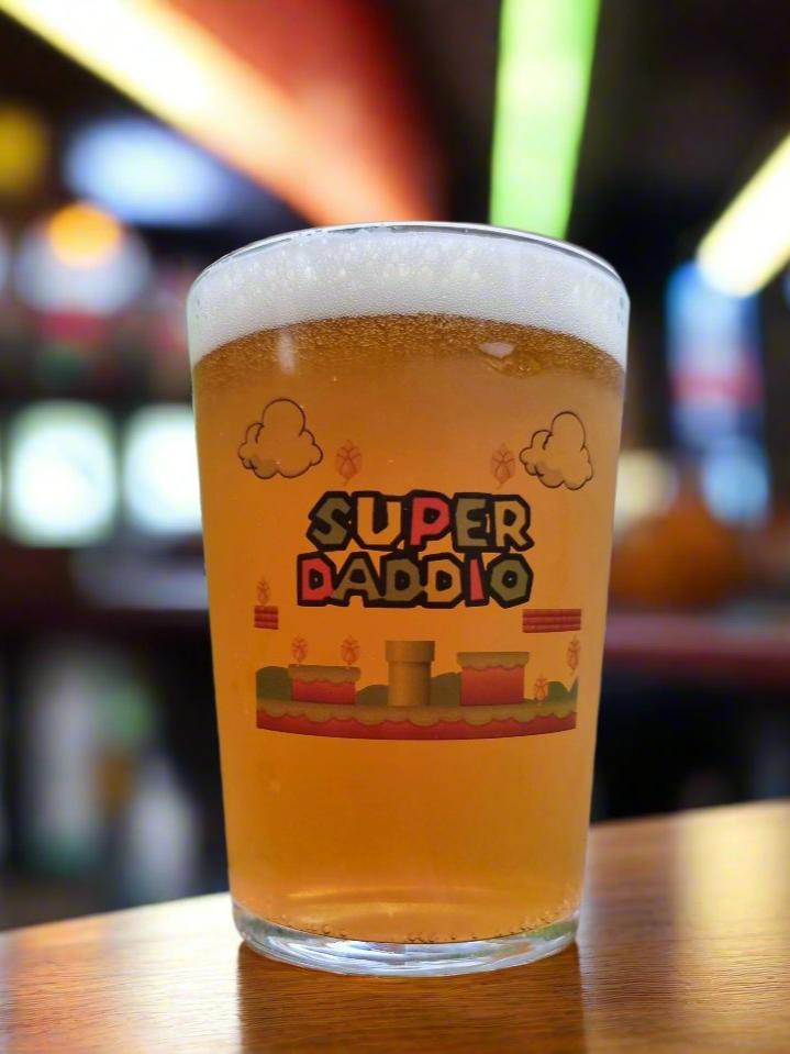 Super Daddio: Mario Inspired Beer Tumbler Glass - Power Up Your Dad's Drinks! Beer Glass Gift Idea For Dad