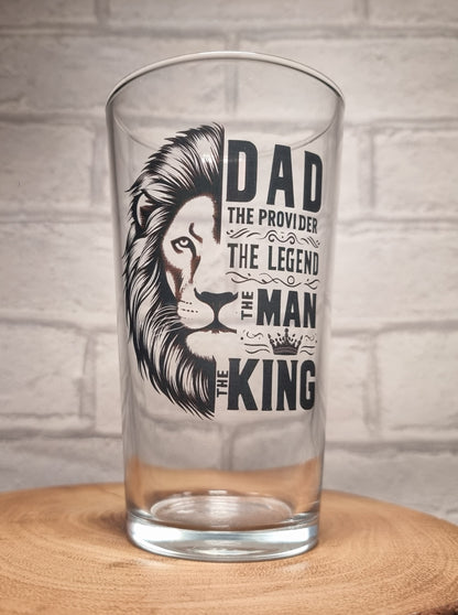 Personalised Beer Glass for Dad- King of Beers: Conical Glass - Dad: The Provider, The Legend, The Man