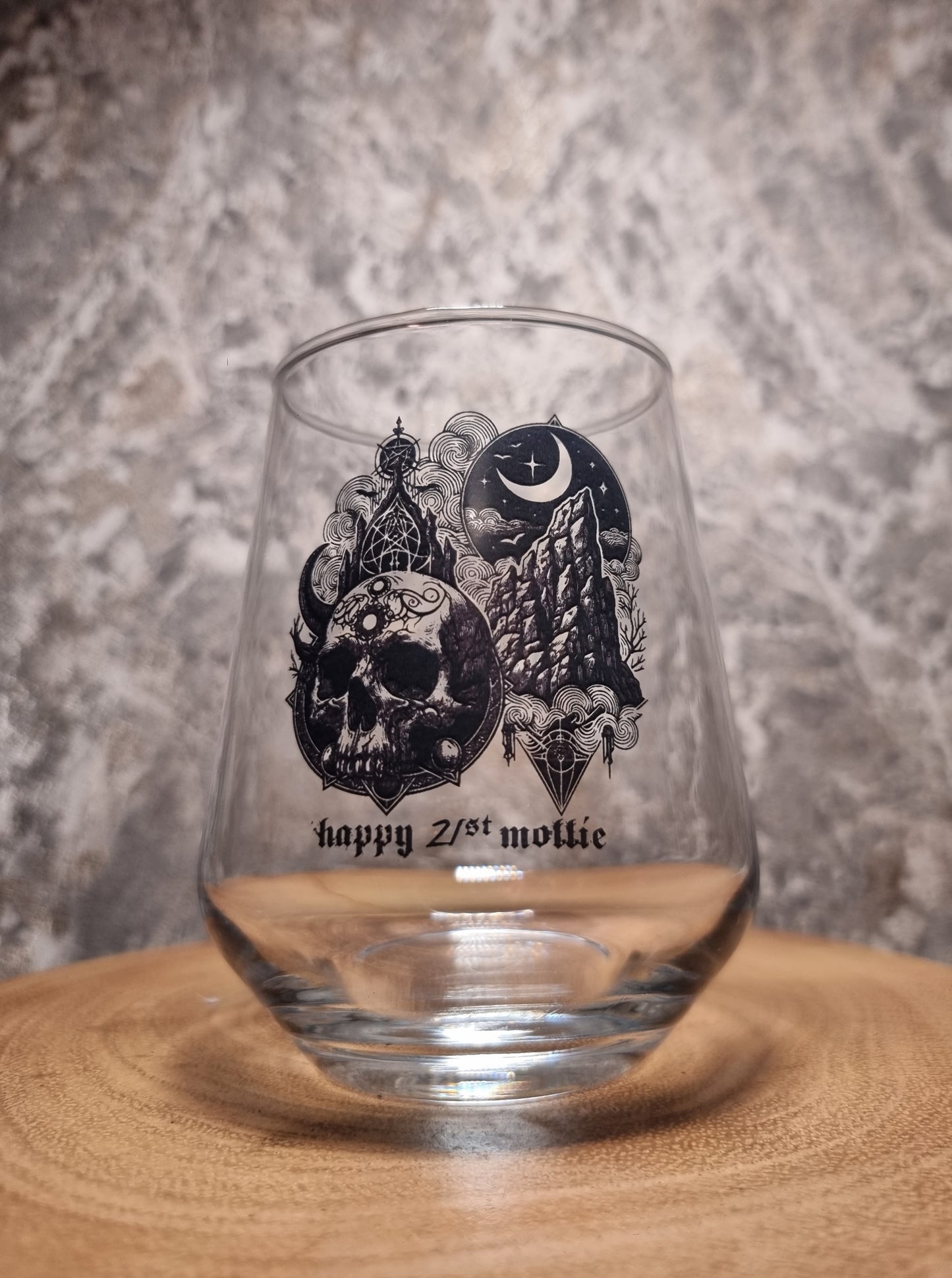 Gothic Sun & Moon Skull Glass, Featuring Bats & Eagles, Personalised Birthday Gift Idea For Goth Lovers, Whiskey, Beer, Cider Glass