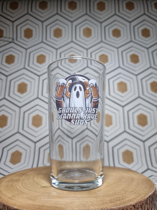 Halloween Ghost Beer Glass – Custom Printed "Ghouls Just Wanna Have Suds" Design