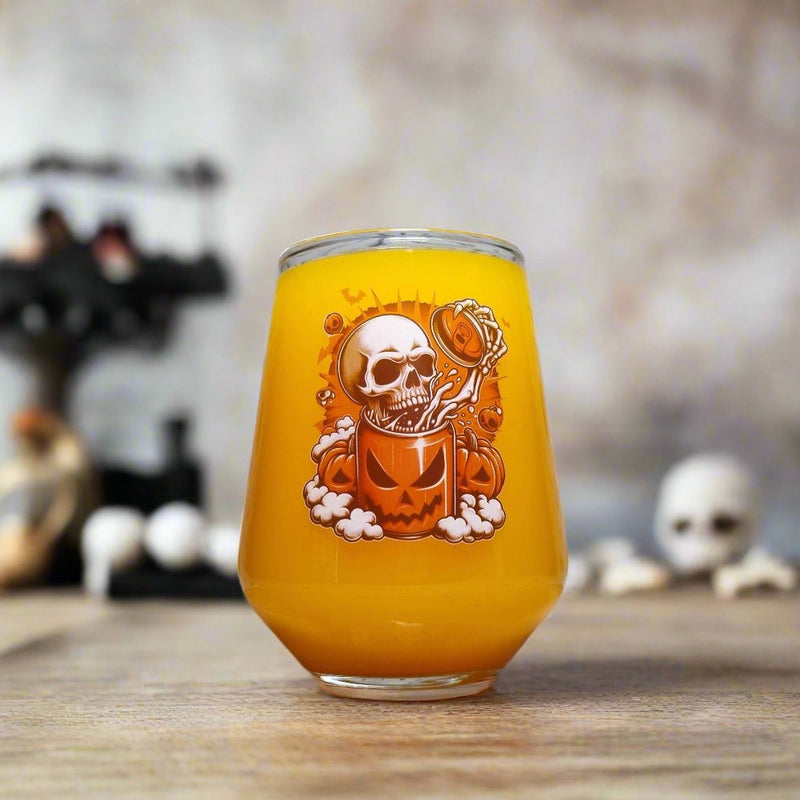 Halloween Skull Glass – Custom Printed "Skull Breaking from a Pumpkin Can" Design FirstGlassDesigns