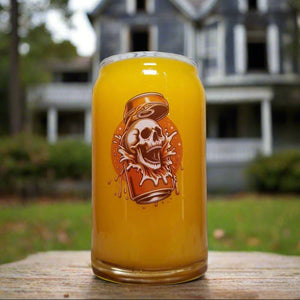 Custom Printed Halloween Glass – Skull Breaking from a Can Design – Spooky Drinkware for Halloween Parties & Beer Lovers First Glass Designs