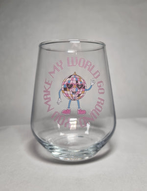 Close-up of disco ball character printed glass — funny personalised couples gift for anniversary or Valentine's Day