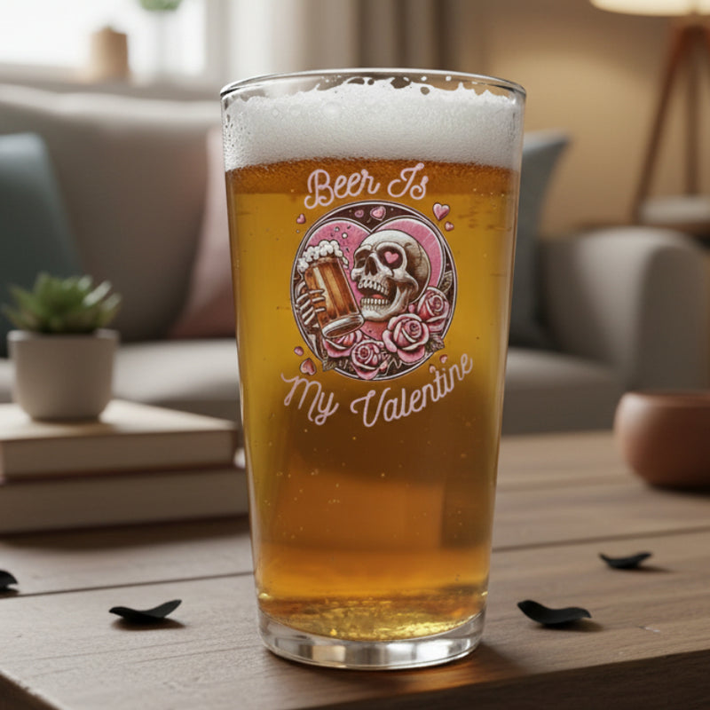A beer glass with 'BEER IS MY VALENTINE' text and a skull design enjoying a beer, set against a background of confetti and black scattered around.