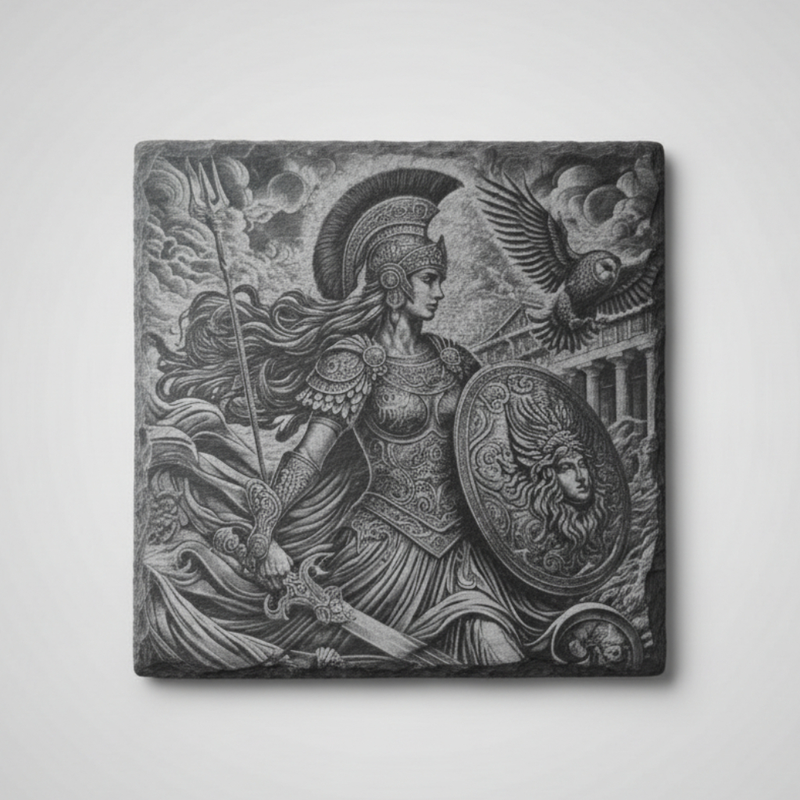 Slate coaster laser engraved with Athena, her owl, spear and aegis shield bearing the Gorgon's head, Greek mythology design