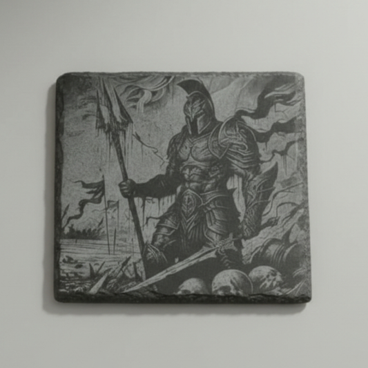 Slate coaster laser engraved with Ares, Greek god of war, in armour on a battlefield with skulls