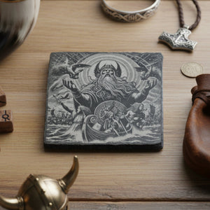 Personalised slate or bamboo coaster engraved with a detailed illustration of Odin, the Norse god, featuring his iconic one-eyed visage, flowing beard, and symbolic elements like ravens or spear, natural wood or stone texture, perfect for mythology enthusiasts or as a striking, themed gift.