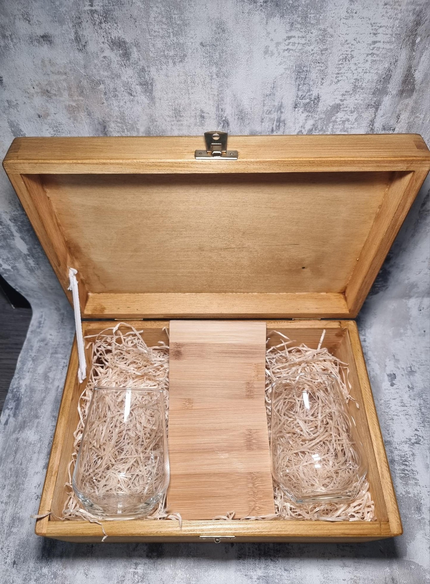 Personalised Wooden Gift Box with 2 Bamboo Coasters & Custom Glassware – Upload Your Own Design
