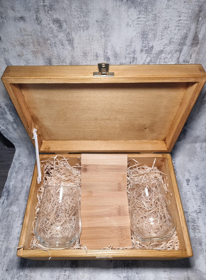 Personalised Wooden Gift Box with 2 Bamboo Coasters & Custom Glassware – Upload Your Own Design
