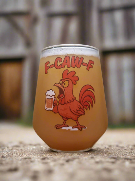 Funny chicken pint beer glass with “F-CAW-F” text – novelty ink-printed design, dishwasher safe, perfect gift for dad or friends