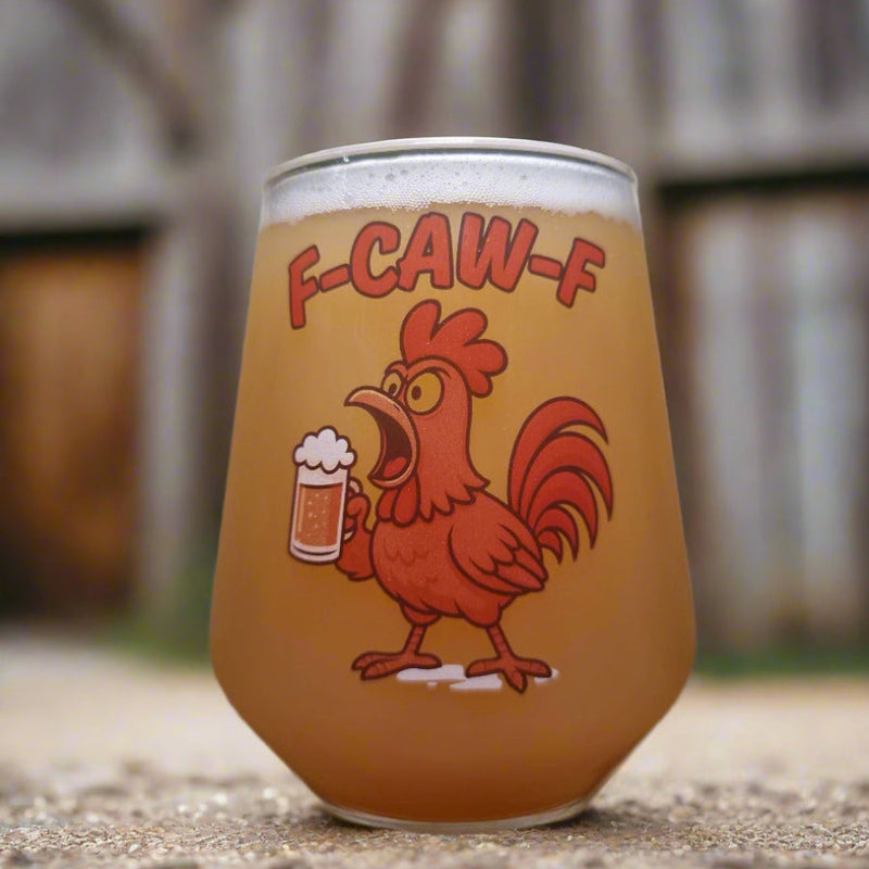 Funny chicken pint beer glass with “F-CAW-F” text – novelty ink-printed design, dishwasher safe, perfect gift for dad or friends