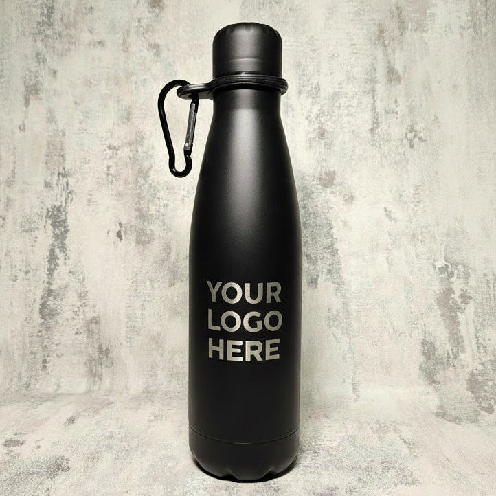 personalised black stainless steel water bottle laser engraved with custom graphic and carabiner clip