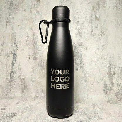 personalised black stainless steel water bottle laser engraved with custom graphic and carabiner clip