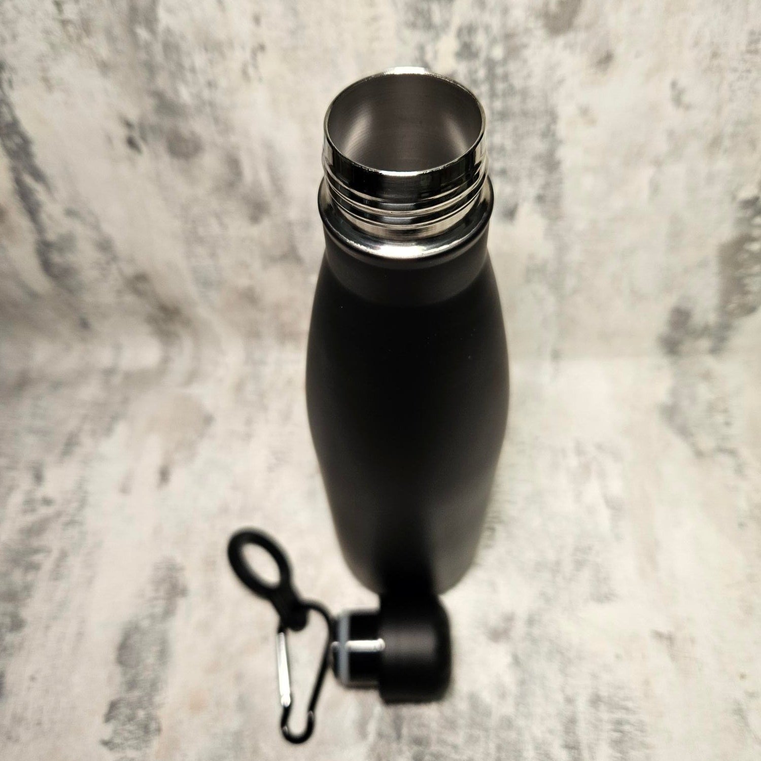 personalised black stainless steel water bottle laser engraved with custom graphic and carabiner clip