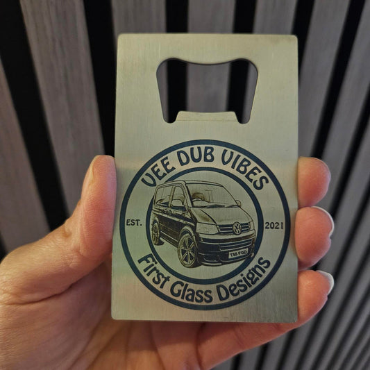 Stainless steel credit card bottle opener with camper van dub-style design