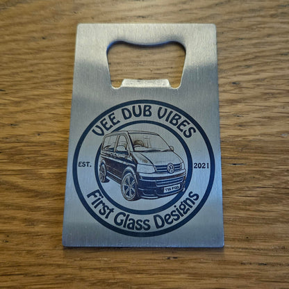 Stainless steel credit card bottle opener with camper van dub-style design