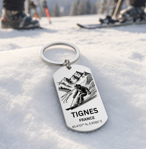 Tignes Skiing Keyring | Personalised French Alps Gift UK First Glass Designs