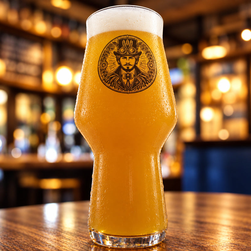 A steampunk-themed beer glass with a graphic of a man surrounded by gears, placed on a wooden surface.