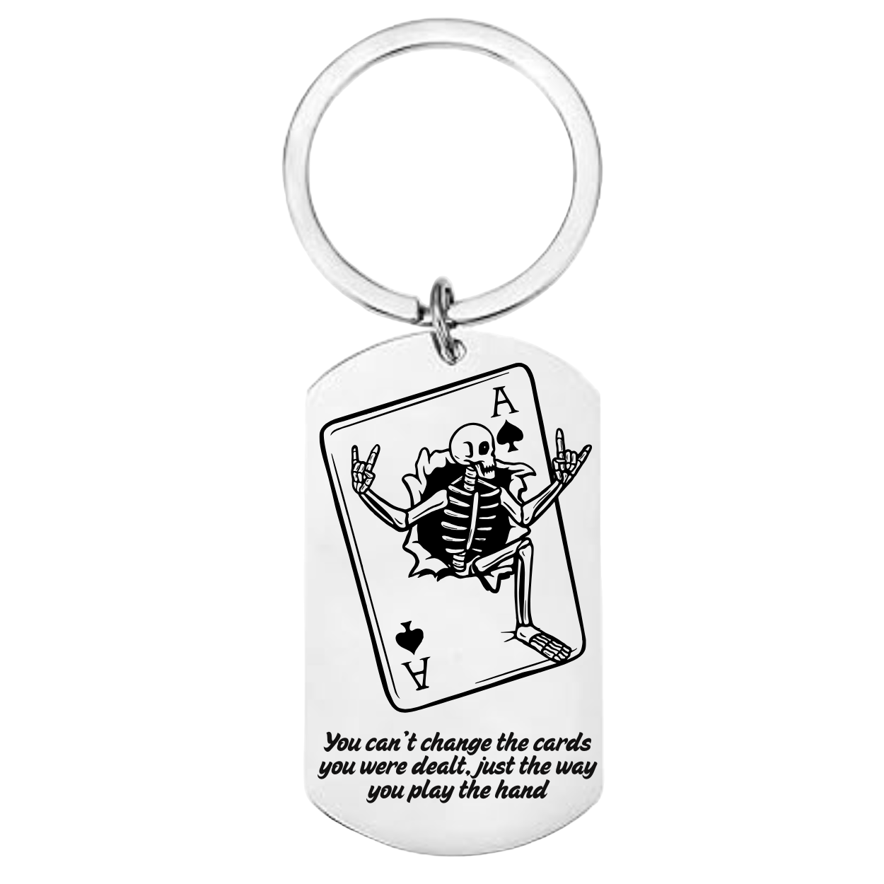 Keychain with a skeleton playing cards design and text on a white background