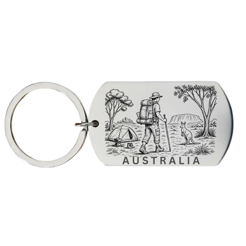 Australia backpacker keyring laser engraved stainless steel dog tag with male backpacker kangaroo gum trees and outback camping scene on white background